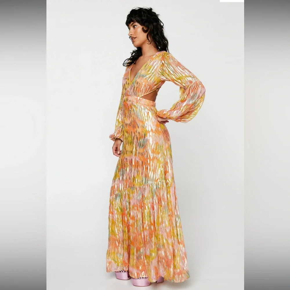 Metallic Blurred Floral Open Back Maxi Dress - Picture 4 of 4